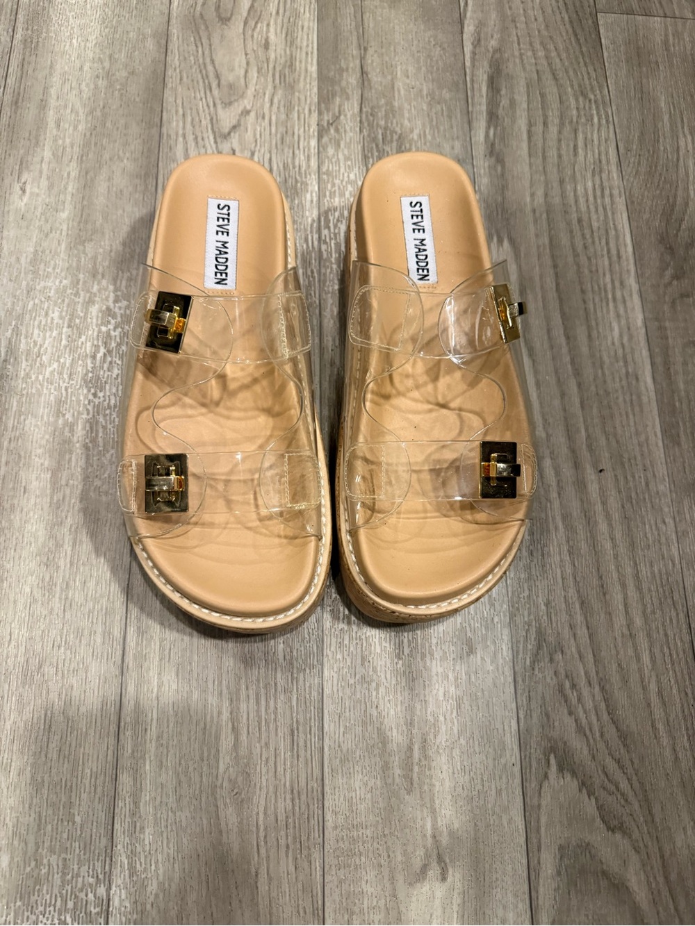 Steve Madden Clear Strap Platform Slide Sandals in Nude - Picture 2 of 4